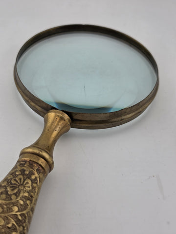 Vintage Mid Century Modern Brass Hand Held Magnify Glass W/ Ornate Handle.