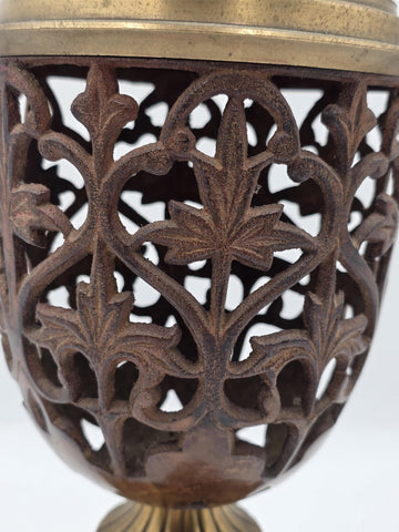 Rare Antique Solid Brass/Cast Iron Two-Tone Lidded Filigree Cut Decorative Urn