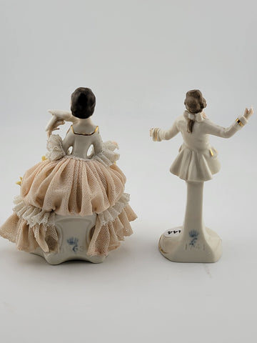 Set Of 2 Antique 19th C Victorian Dersden Germany Laced Figurine Man & Lady.