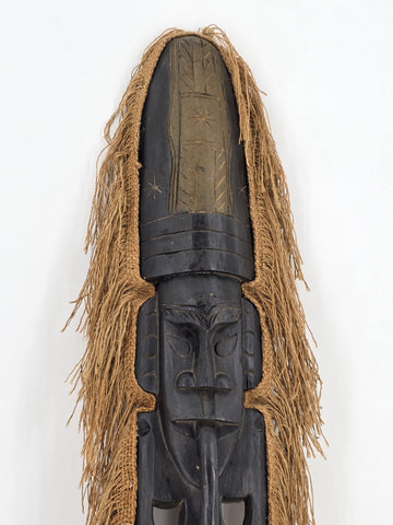 Vintage 40” West African Hand Carved Wood Mask Raffia Fringe Tribal Wall Art