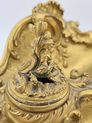 Antique 19th C French Louis XV Rococo Ornate Gilt Bronze Ormolu Inkwell Inkstand