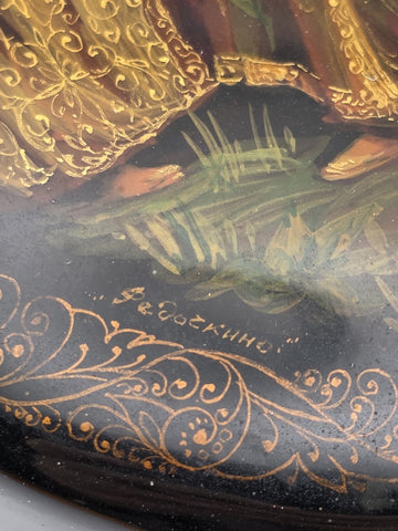 Vintage Russian Fedoskino Lacquer Box Hand Painted Signed Oval Folk Art Jewelry