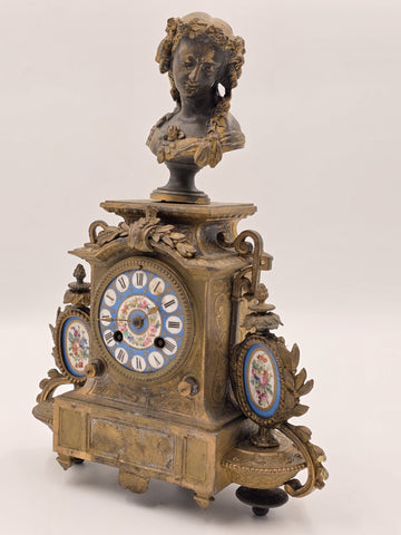 Private: 19th Century Brass & Porcelain Mantel Clock w Eight Day Movement. Works