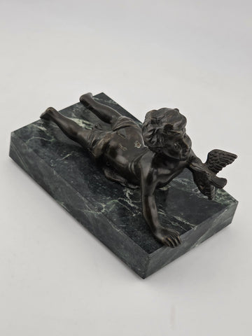 Vintage Small Bronze Child w/ Bird Figurine on Green Marble Pedestal Base Signed