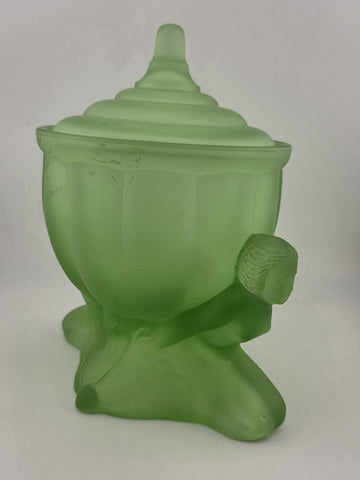 Vintage Art Deco Green Satin Glass Dolly Sisters Nymphs Powder Jar Candy Dish