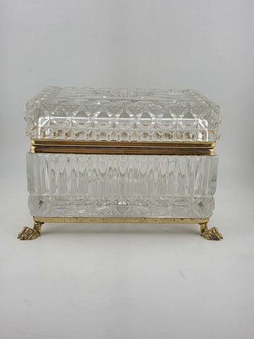 French Baccarat Style Jewelry Casket Footed Box Heavy Crystal Glass Hinged Lid