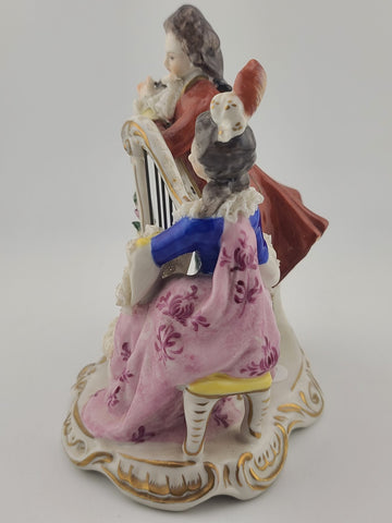 Antique Sitzendorf Germany Porcelain Musical Couple Figurine Lace Harp Flute