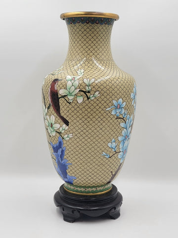 XL Cloisonné Vase Beautiful Floral  Fine Wirework Interior Brass 17 inches tall