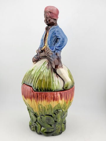 Rare African Boy Horn Blower Vintage Majolica Pottery Candy Dish/ Cookie Jar
