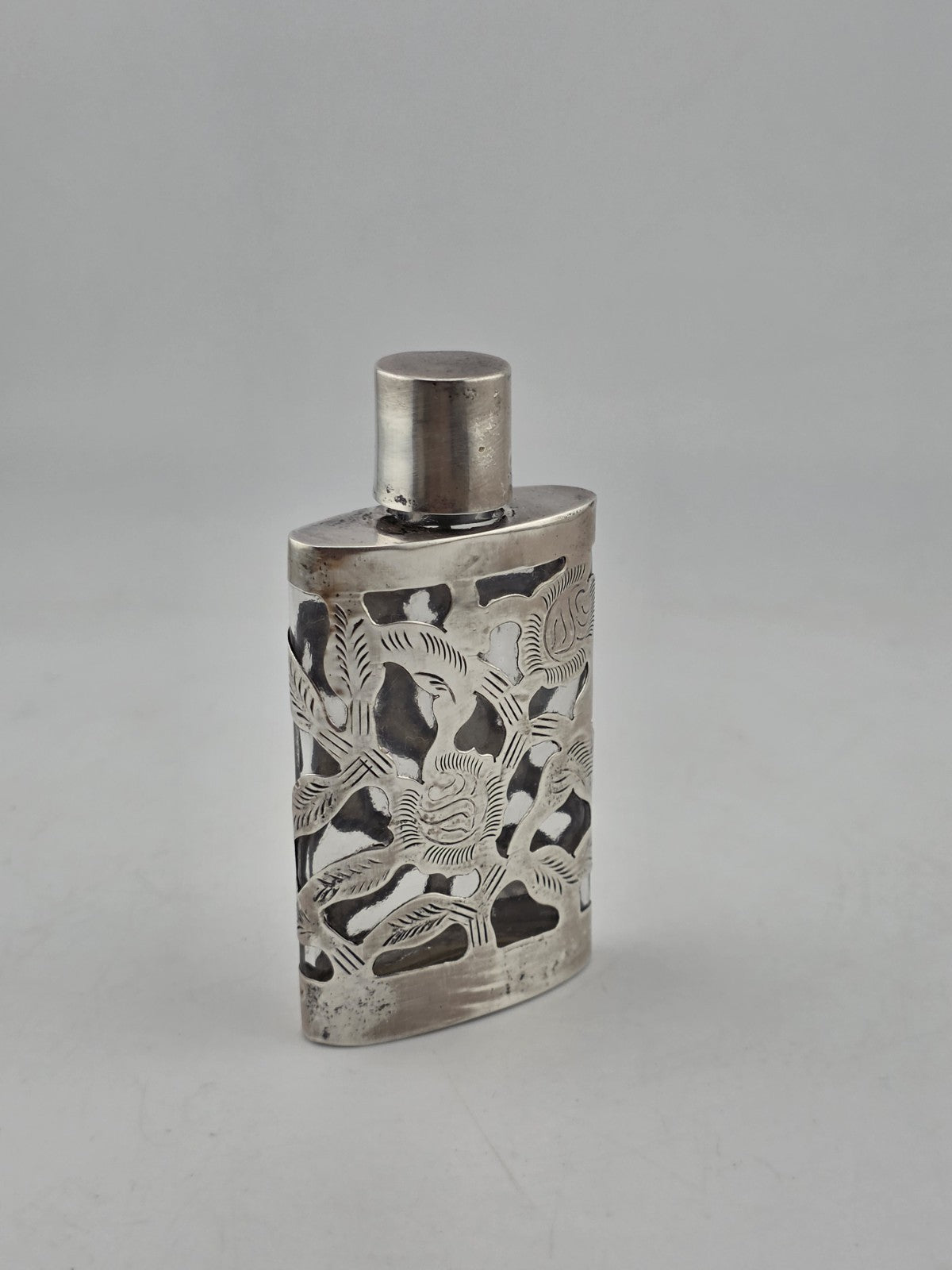 Antique Mexican Sterling Silver 925 Overlay Perfume Bottle Floral Cutwork Flask