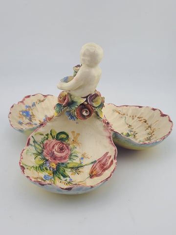 Vintage Italian Majolica Putti Cherub 3 Bowl Dish Hand Painted Faenza Style