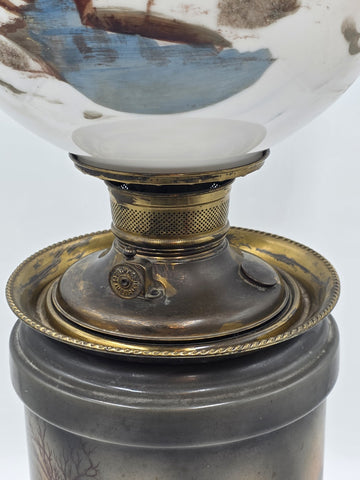 Antique Victorian 1890 Gone With The Wind Lamp Log Cabin Winter Snowy Scenery