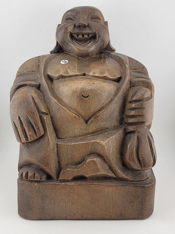 Vintage Large Hand Carved Solid Wooden LAUGHING BUDDHA Holding Bag Of Money 10”