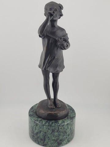 Vintage Bronze Sculpture by Suzanne Crizaro “Girl Blowing Bubbles” Marble Stand