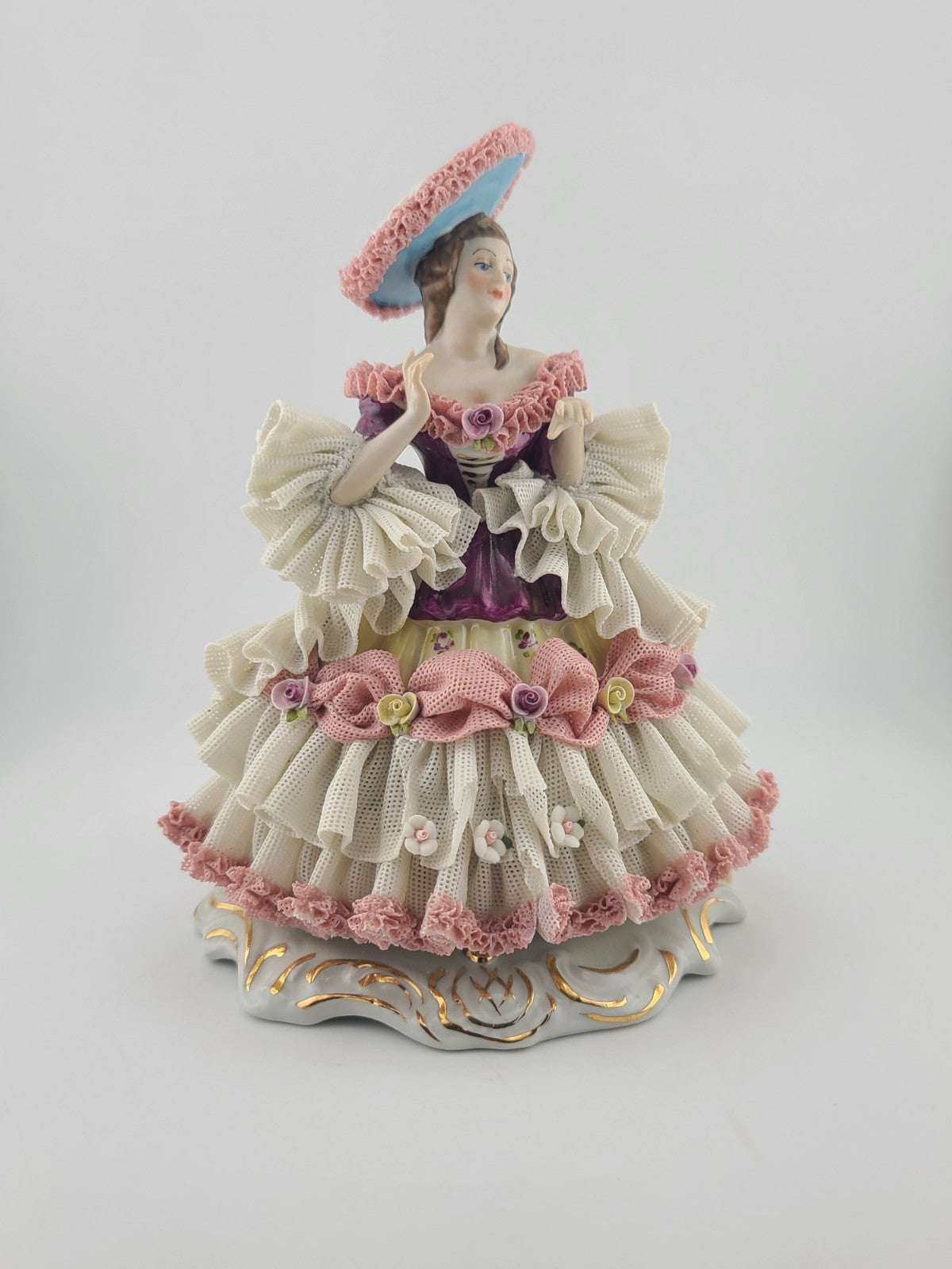 Mid Century Authentic Dresden Lace Porcelain Lady Figurine Rococo Dress Handmade