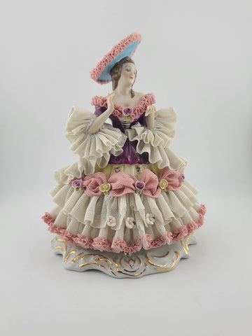 Mid Century Authentic Dresden Lace Porcelain Lady Figurine Rococo Dress Handmade