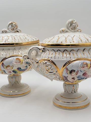 Set Of 2 Keramos Capodimonte Italy Cherub Centerpiece Vase Lidded Pedestal Bowls