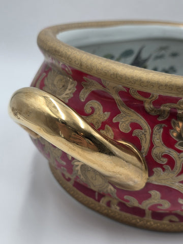 Antique XL Chinese handpainted Red porcelain 24kt gold Oval Footbath, Jardiniere