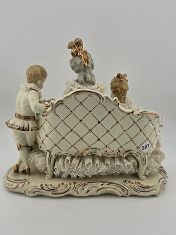 Large Dresden Art Germany Lace Porcelain Figurine Lady w Children W Sofa Reading