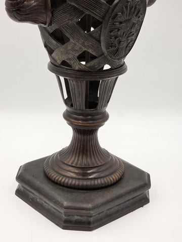 Antique Heavy Bronze Neoclassical Urn Ram Head Handles Pierced Vase Empire Style