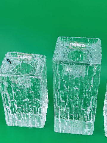 Rare Vintage Set Of 3 Nybro Crystal Heavy Glass Candlestick Holders Ice Pillars