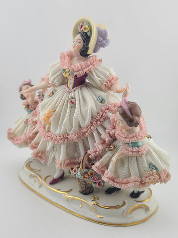 Rare Antique Dresden Porcelain Germany Lace Mother with Daughters and Flowers