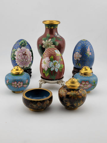 Gorgeous Assortment Of Mid Century  Cloisonne Including Eggs, Vase & Shakers
