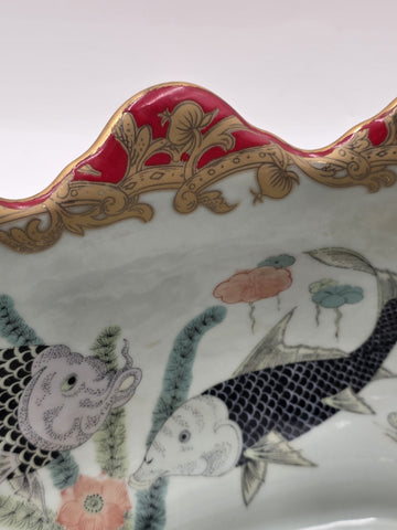 Antique XL Chinese handpainted Red porcelain 24kt gold Oval Footbath, Jardiniere