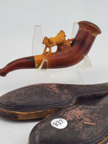 Antique 19th C ECHT German Meerschaum & Amber Pipe Horse Theme W Original Case.