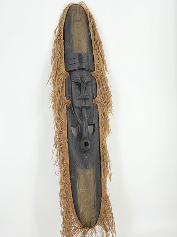 Vintage 40” West African Hand Carved Wood Mask Raffia Fringe Tribal Wall Art