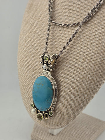 Vintage Large 925 Sterling Silver Turquoise Peridot Pearl Pendant Necklace. Read