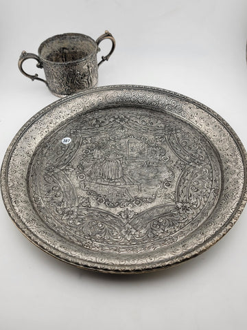 Antique 19C Silver Plate Derby Silver Repousse Plate Dutch Scenes W Engraved Cup