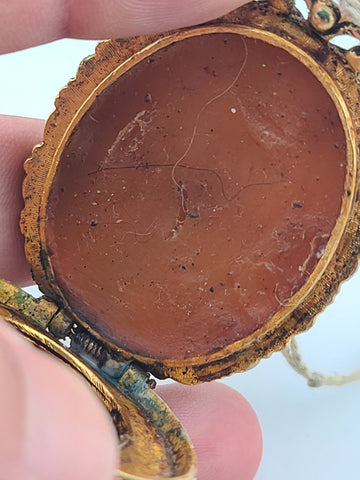 Rare Antique 19th C Victorian Glass Cameo Locket & Hair Pin Gilt Brass Classical