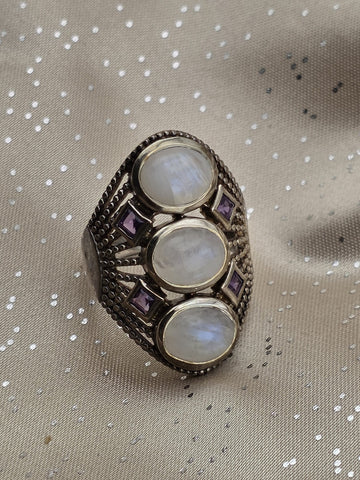 Rare Himalayan Gems 3-Moonstone & Amethyst Multistone Sterling Silver Ring. 9.5