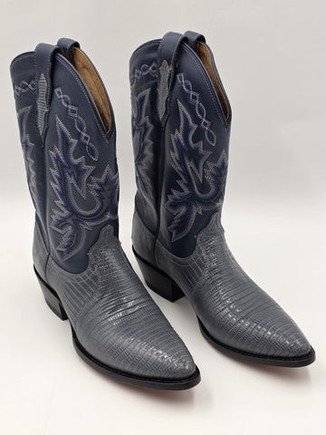 Vtg Dan Post Genuine Lizard Cowboy Boots Mens 9M Blue Denim Gray Exotic Western