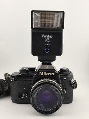 Vintage 70's Nikon EM 35mm Film Camera + 50mm f1.8 Lens + Vivitar Flash Untested