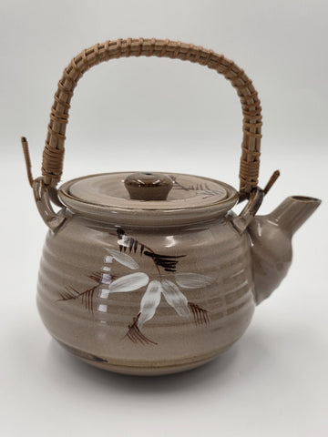 Vintage Japanese Ceramic Tea Set Bamboo Motif Teapot & 6 Cups Stoneware. VG Cond
