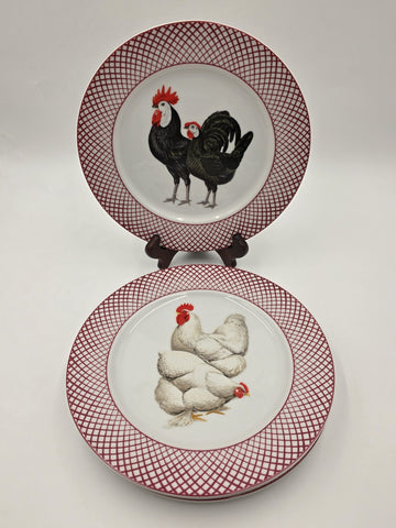 Set of 4 Devonshire Haldon Dinner Plates White Black Rooster Hen Red Lattice.