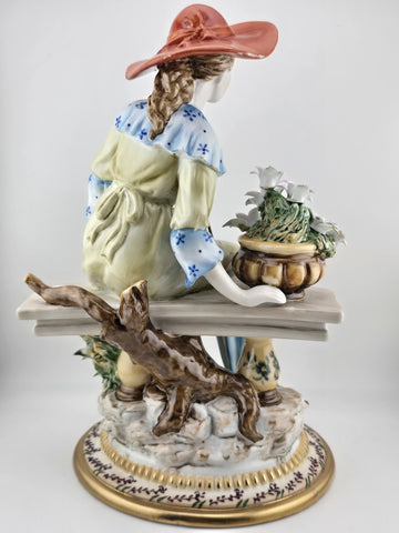 Vintage Dresden RK Germany Large Porcelain Figurine Lady W Parasol Flowers 12”