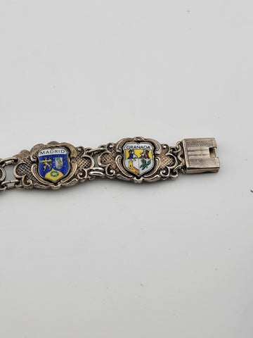 Vintage Silver Pewter &Enamel Souvenir Bracelet Spain & Portugal Shield Flags 8"