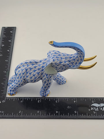 Herend Blue Fishnet Charging Elephant Figurine VHB Artist Signed Vecsey Tamas