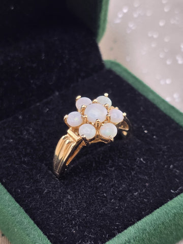 Private: Antique 10K Solid Gold Natural Opal Cluster Ring Floral Estate Size.