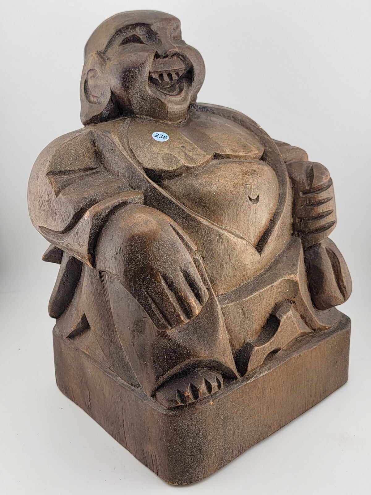 Vintage Large Hand Carved Solid Wooden LAUGHING BUDDHA Holding Bag Of Money 10”