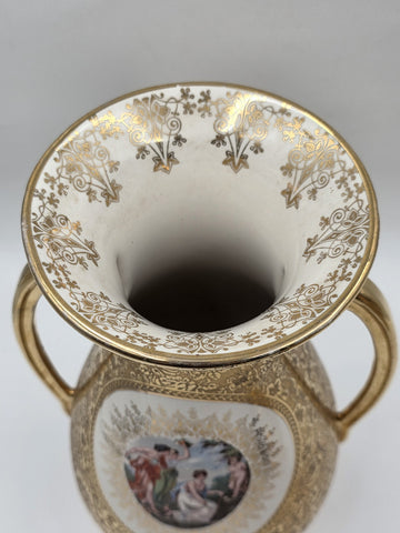 Pair Vintage Le Mieux 24 Karat Gold Handled Vases Victorian Scene Ladies Cherubs