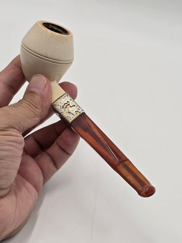 Antique Meerschaum Tobacco Pipe Sterling Silver Mount Cognac Amber Stem c.1890