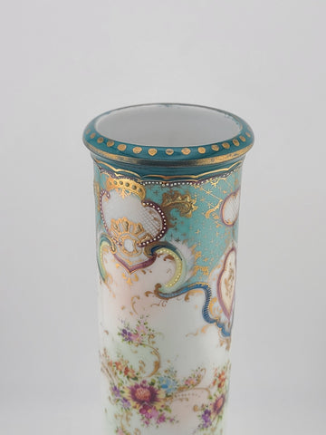 Antique 1920's OCO Japan Vase Turquoise Gold Floral Pedestal Spill Cabinet 9.5"