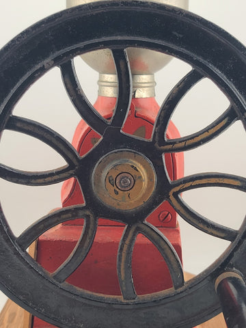 Vintage Elma Big Wheel Coffee Mill Grinder Cast Iron Wheel Mounted On Wood Base
