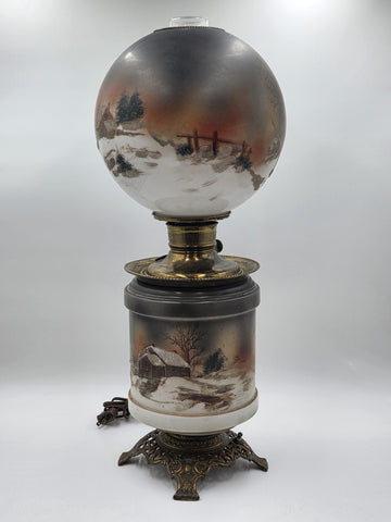 Antique Victorian 1890 Gone With The Wind Lamp Log Cabin Winter Snowy Scenery