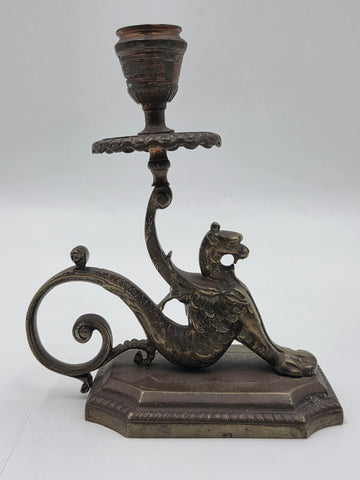 Antique Pair Solid Bronze Griffin Candlesticks Renaissance Revival Winged Lions