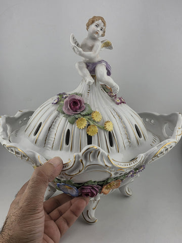 Antique Von Schierholz German Oval Reticulated Footed Bowl Lid & Figured Cherub